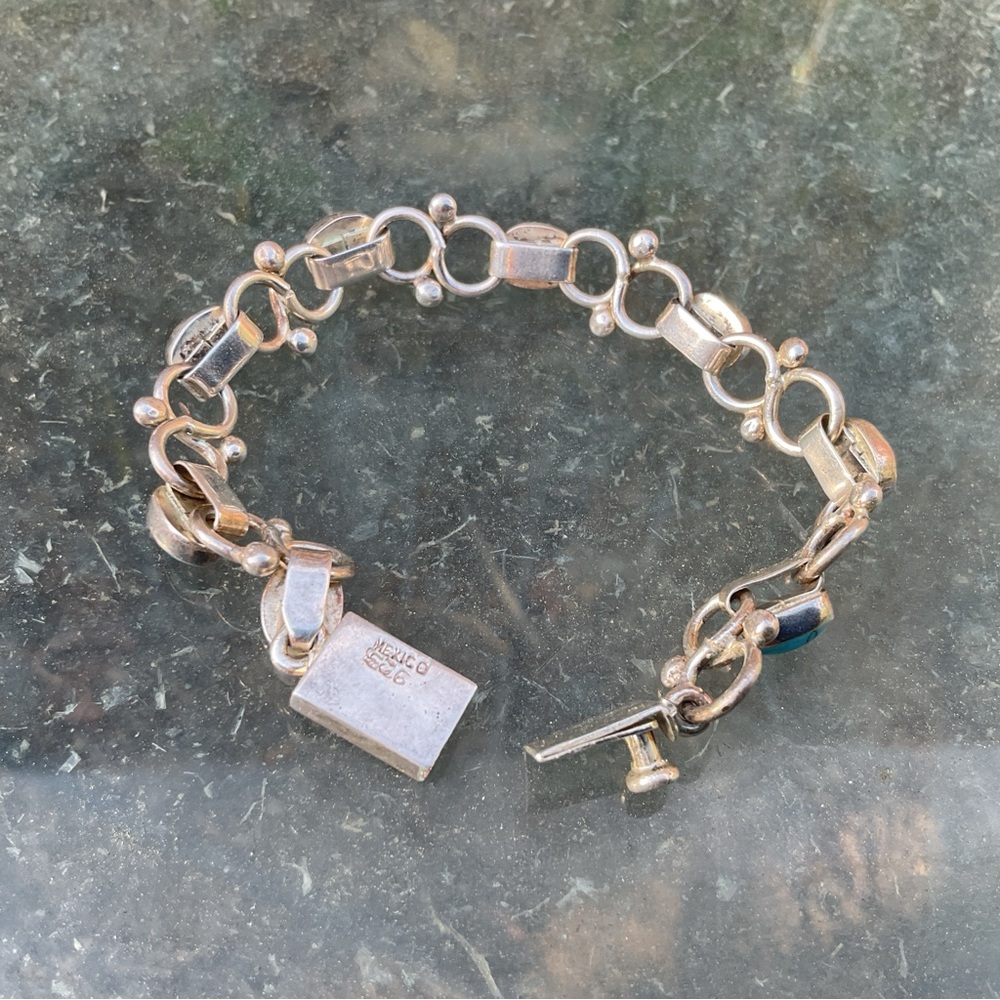Gorgeous Mexican 925 Sterling Silver Turquoise Oval Link Chain Bracelet 7.5in - Picture 4 of 9